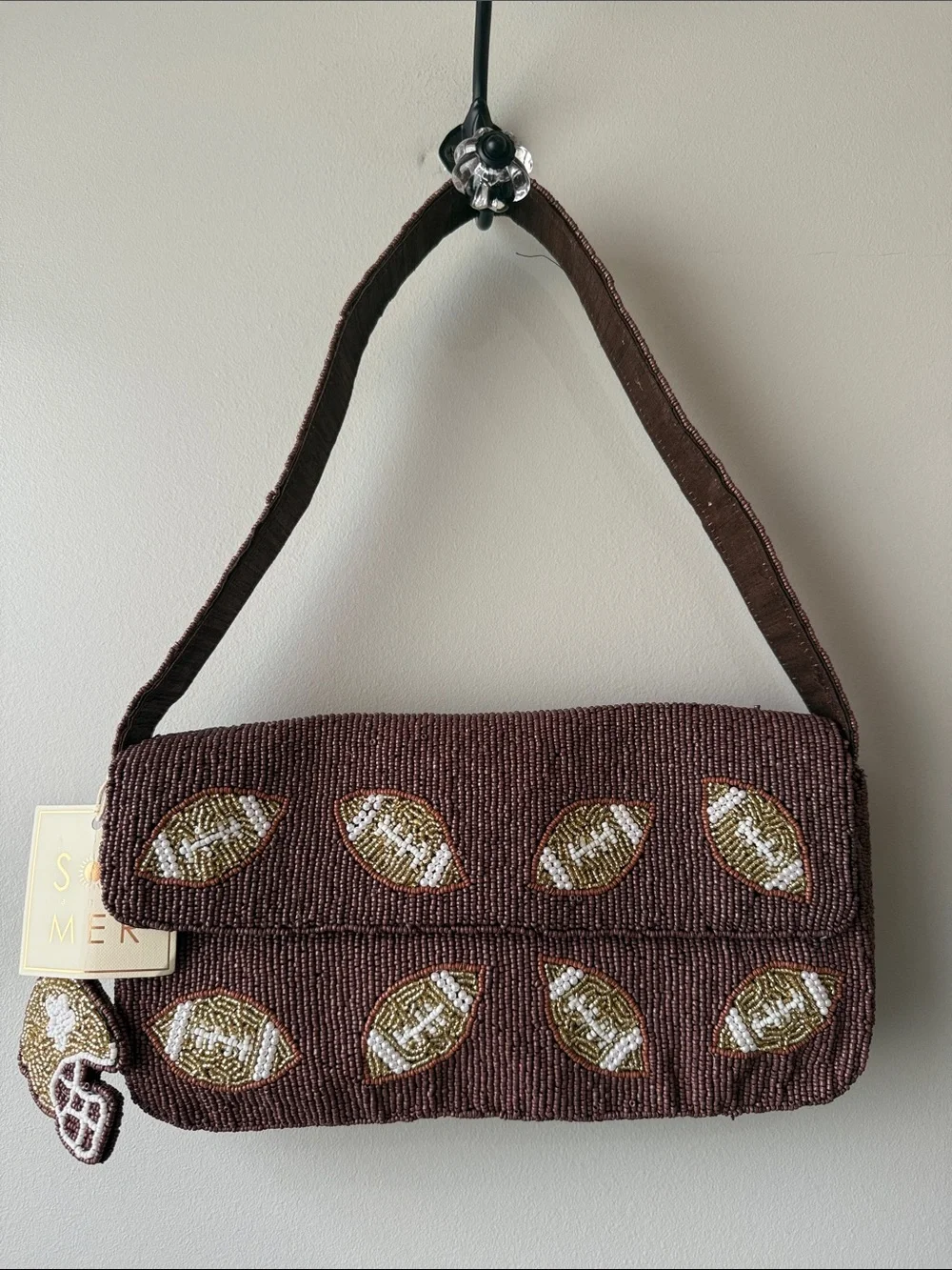 Sol and Mer Beaded Fall Football Motif Shoulder Bag - Brown Helmet Bag clip
